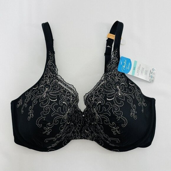 Playtex Lift Support Bra Size 38DD Black Full Coverage Low Cut Lace Embroidery - Picture 3 of 12